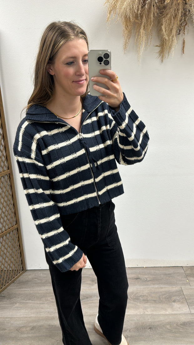 Mock Neck Zipper Striped Cardigan