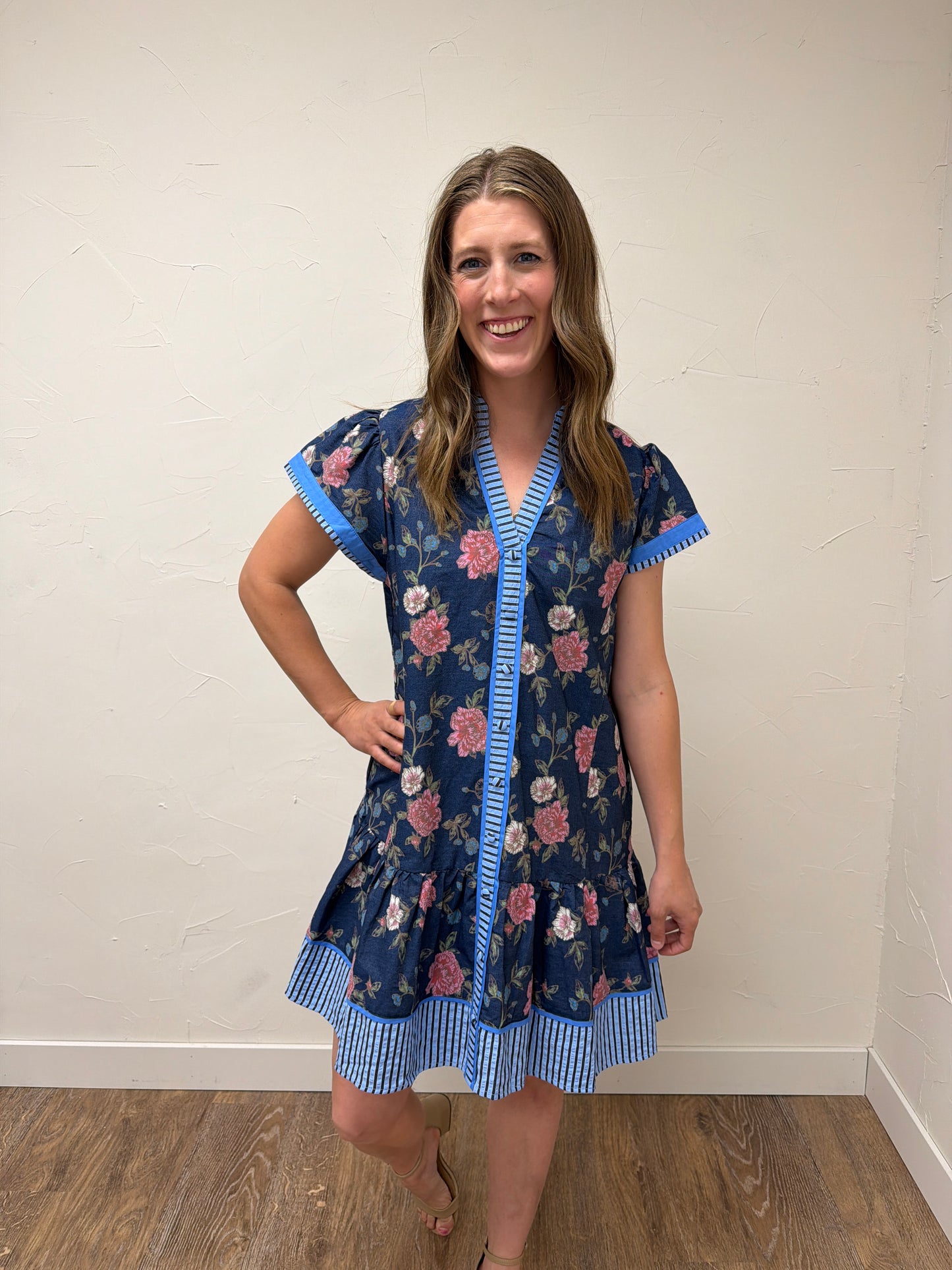 Floral Contrast Trim Ruffle Hem Mini Dress