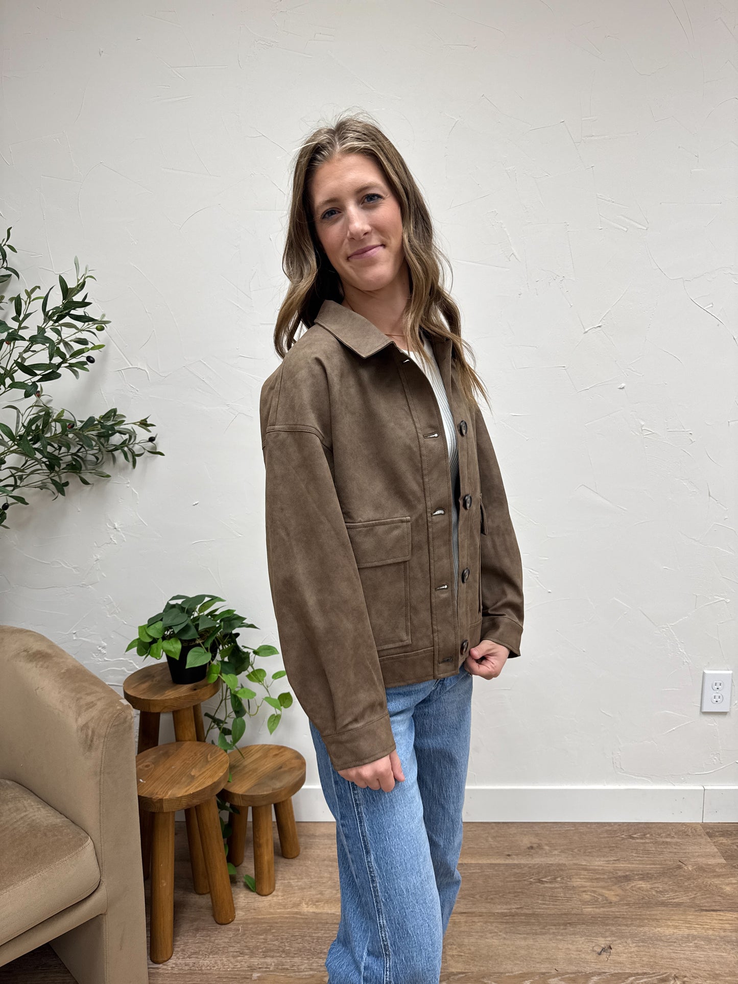 Faux Leather Button Front Shirt Jacket