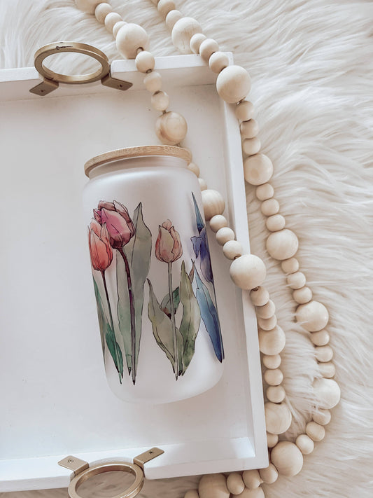 Watercolor Tulips Frosted 16oz Glass Cup with Bamboo Lid