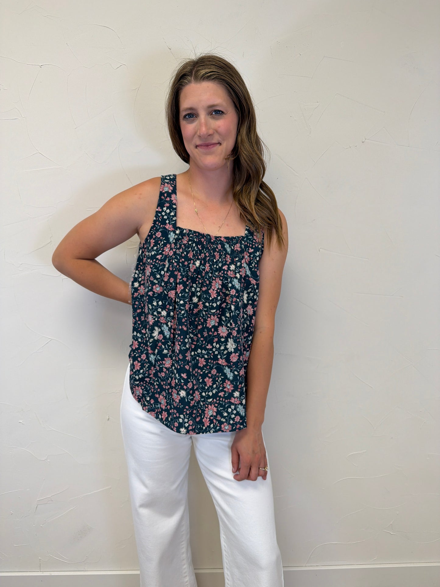 Square Smocked Neck Floral Print Top