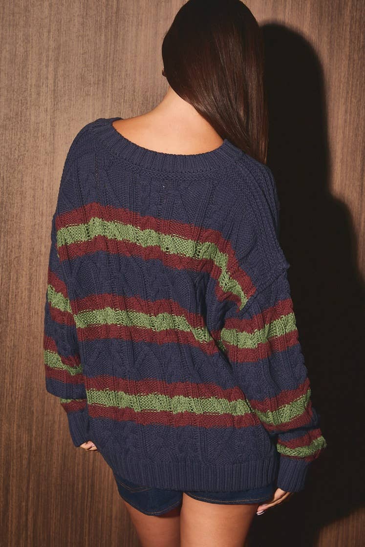 STRIPE CABLE KNIT SWEATER TOP