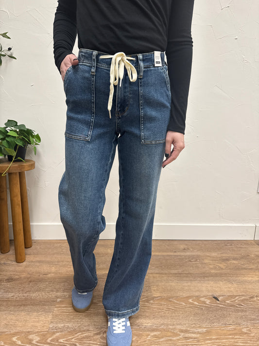High Waist Judy Blue Drawstring Wide Leg Denim