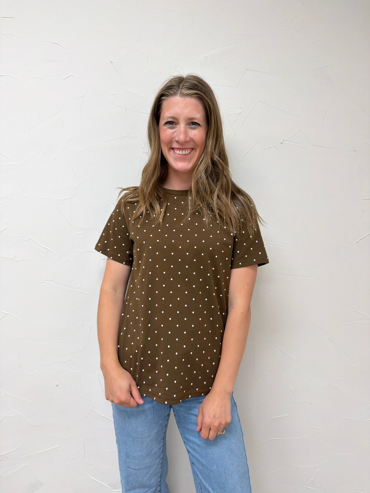Polka Dot Crew Neck Cotton KNit Top