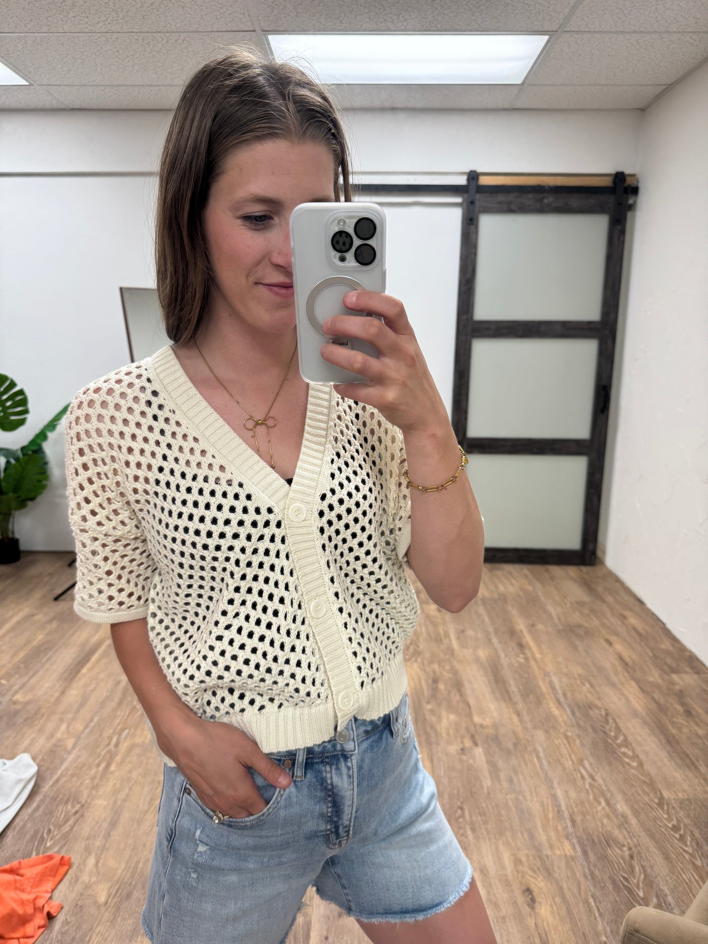 Open Crochet Button Cardigan