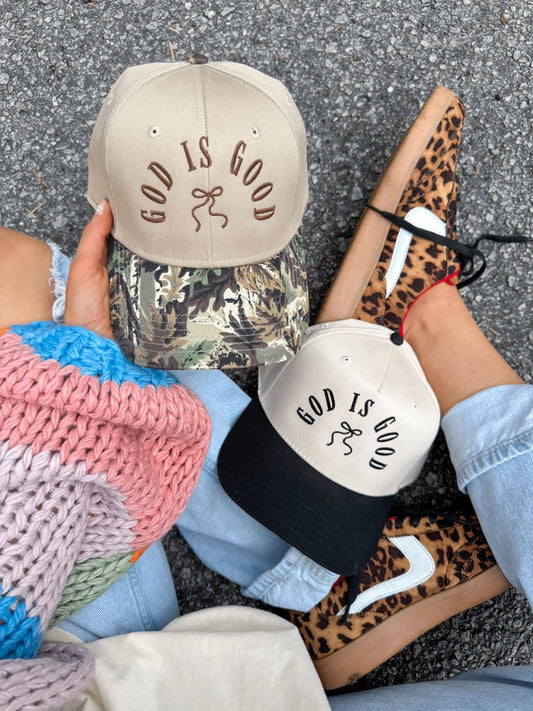 God Is Good Embroidered Hat: Camo/Beige