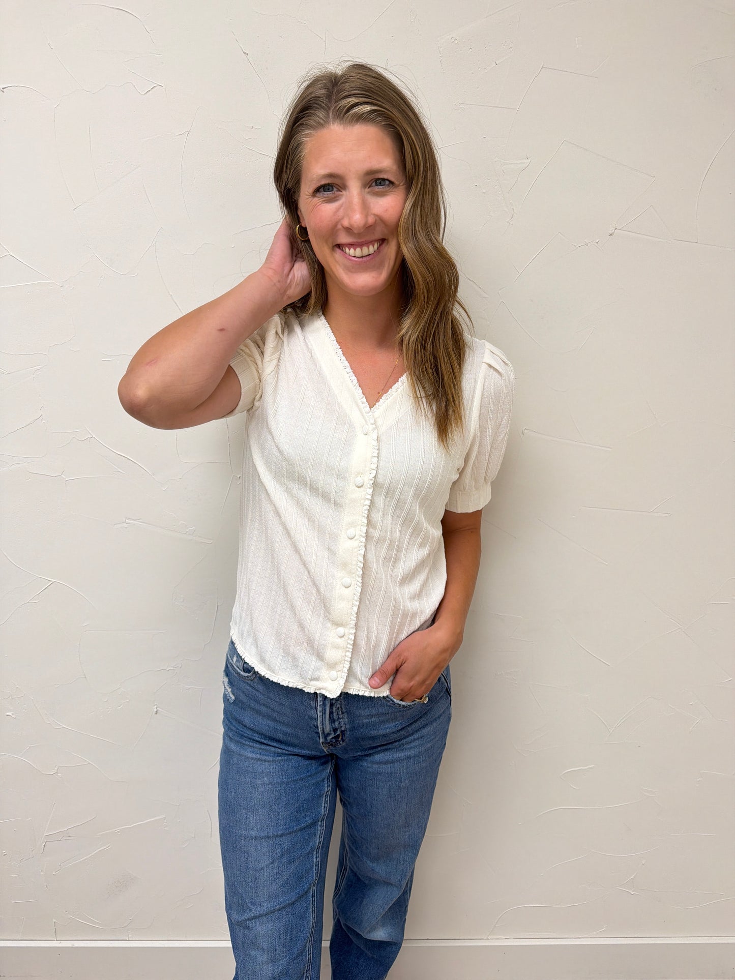 Knit Puff Short Sleeve Button Cardigan