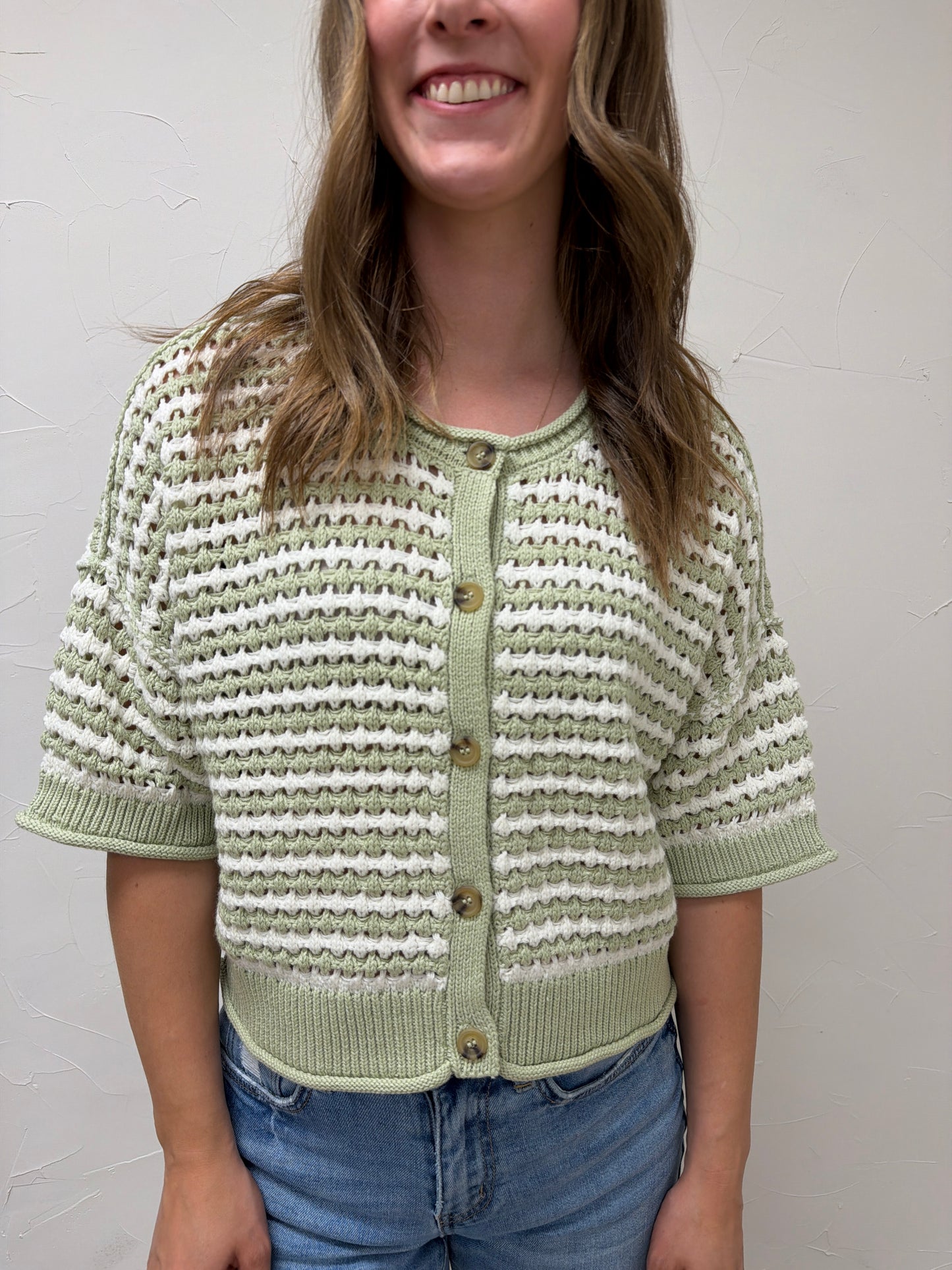 Stripe Short Sleeve Crochet Knit Cardigan