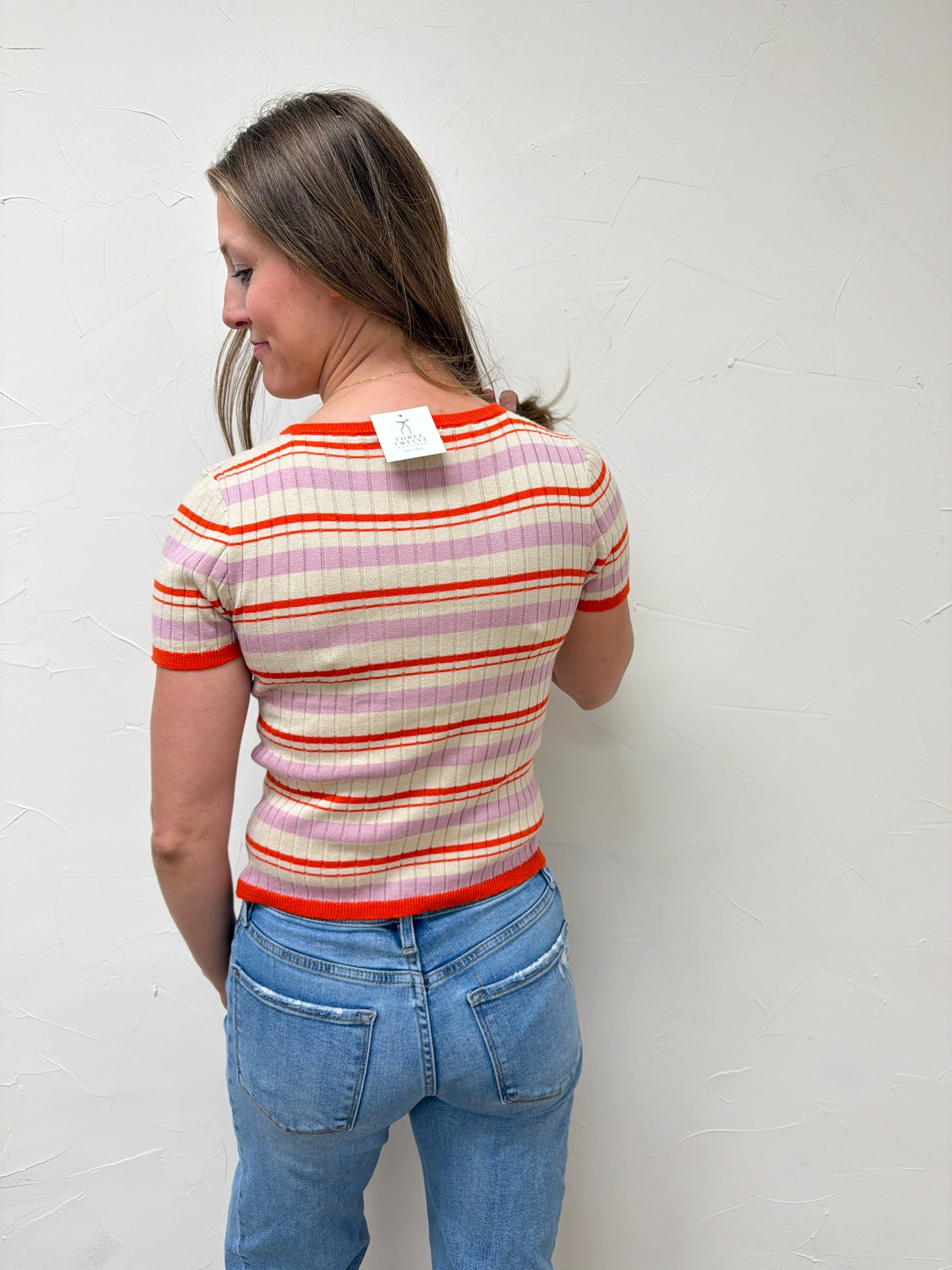 Knit Sweater Multi Color Striped Short Sleeve