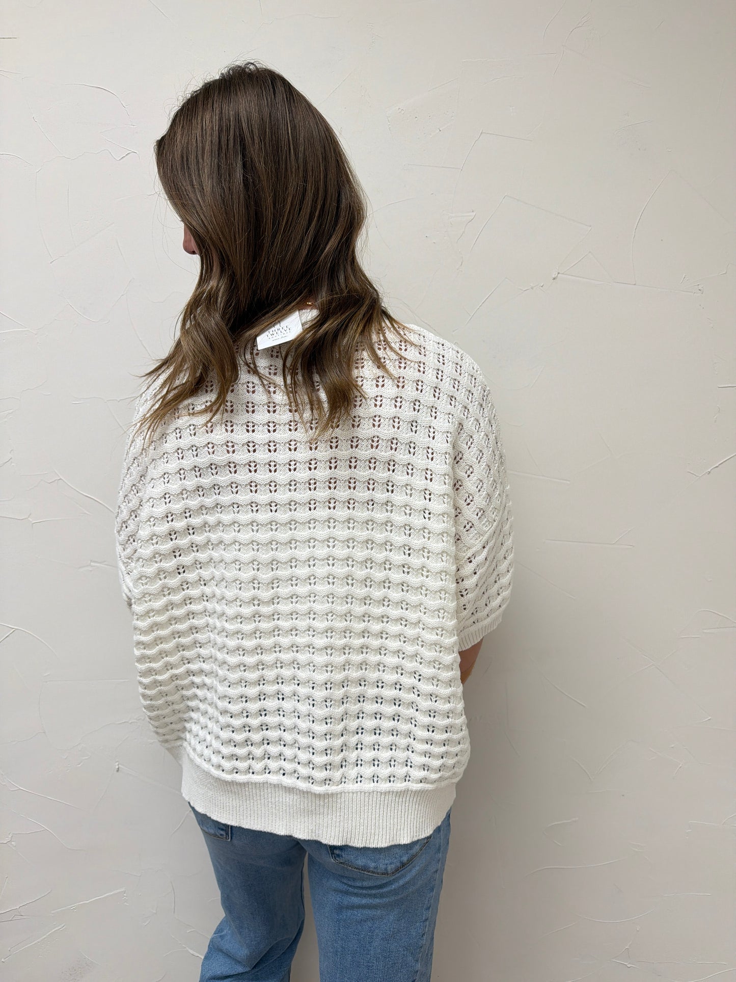 Crew Neck Crochet Textured Knitted Sweater Top