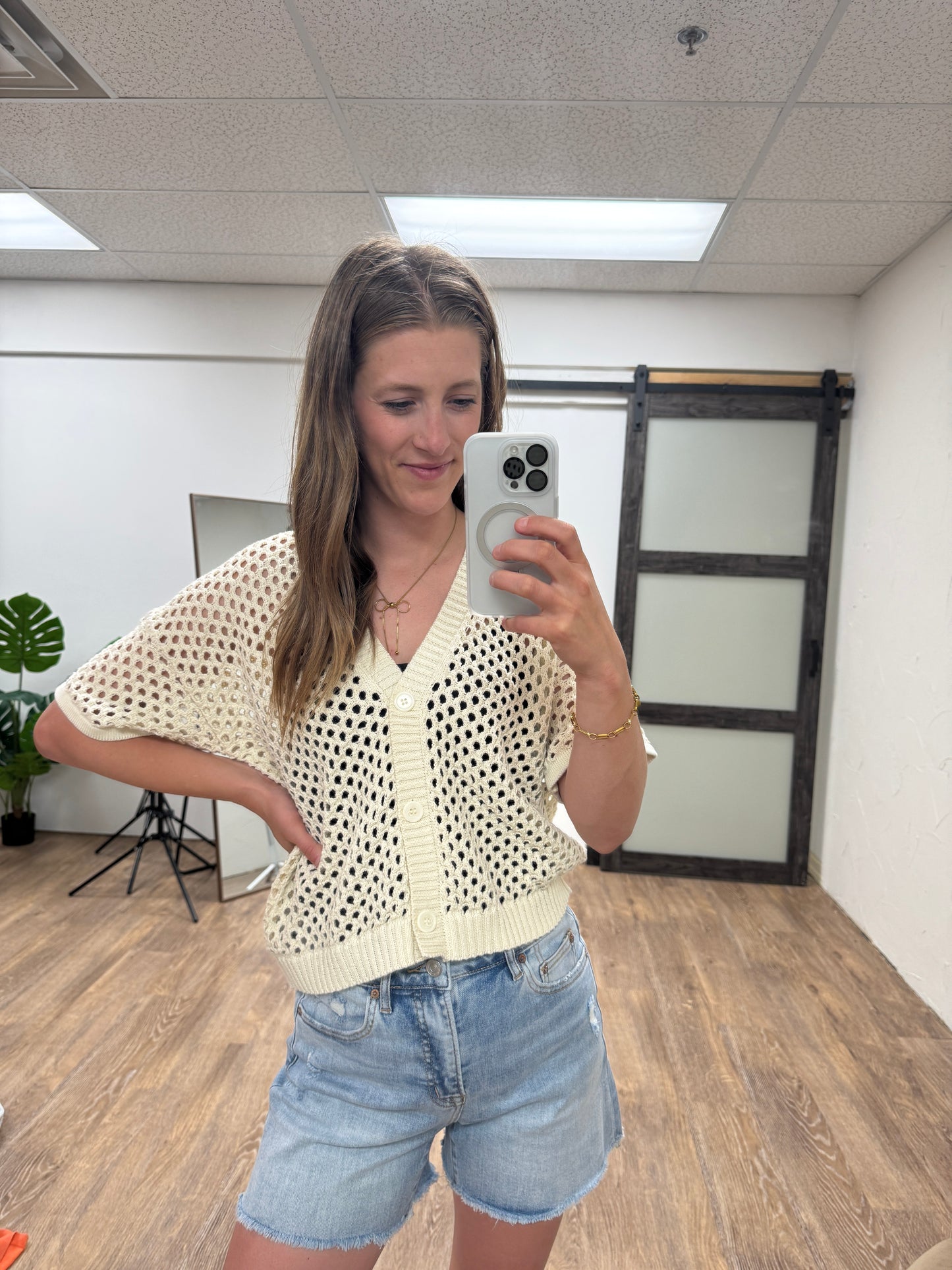 Open Crochet Button Cardigan