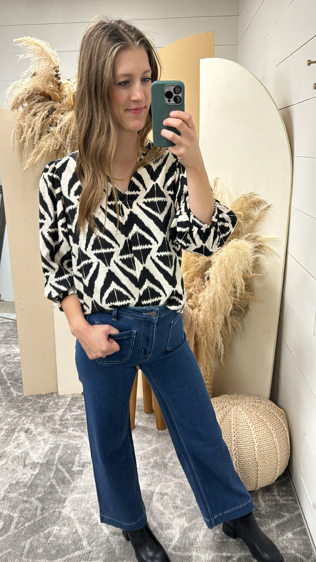 Bold Print V-Neck Blouse with Voluminous Sleeves