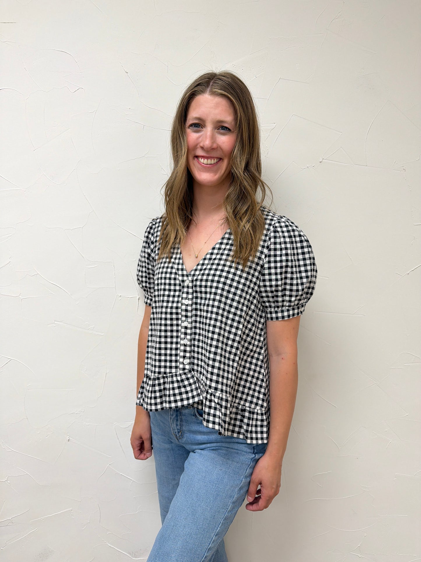 Puff Short Sleeve V Neck Gingham Blouse