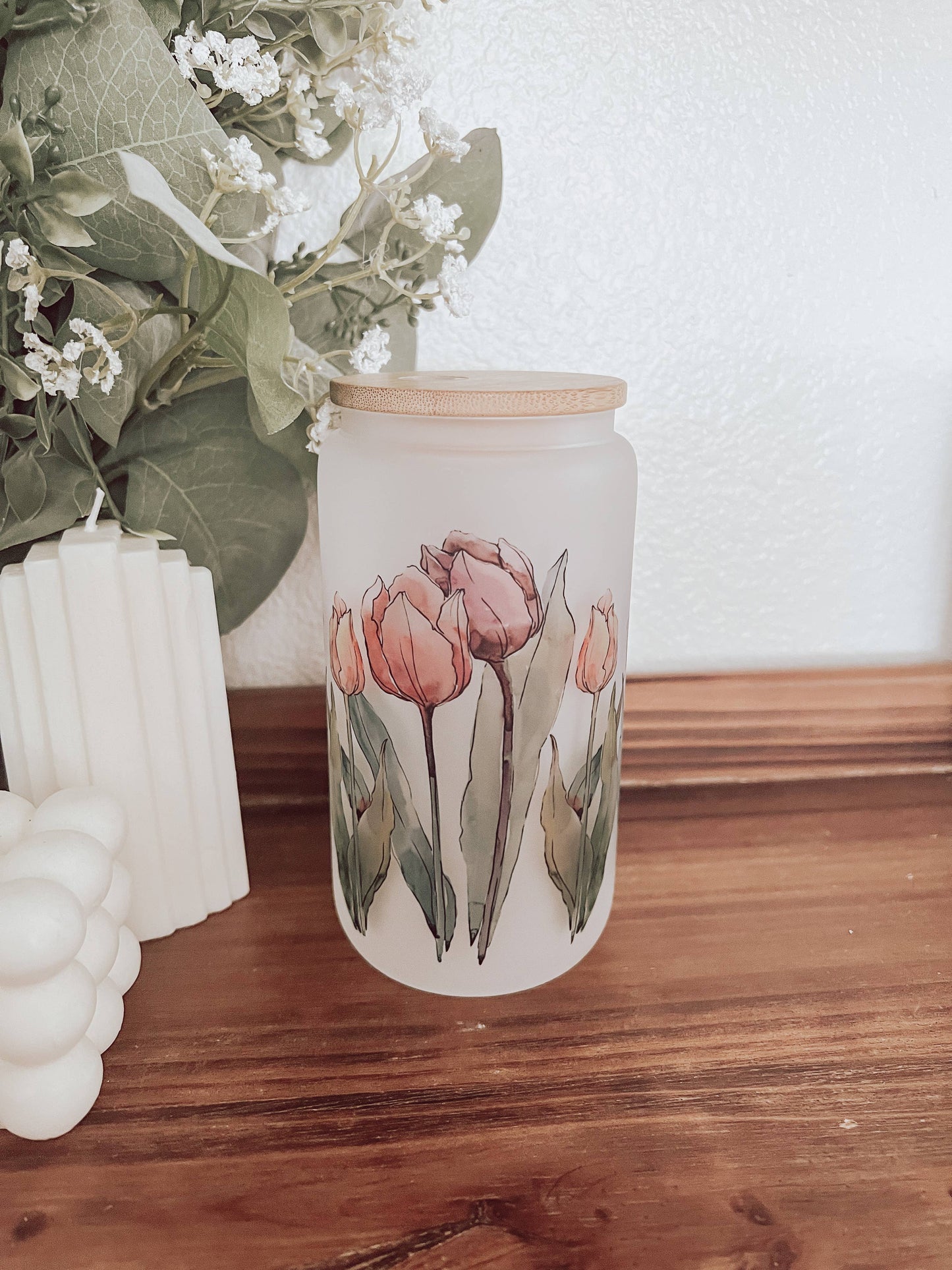 Watercolor Tulips Frosted 16oz Glass Cup with Bamboo Lid