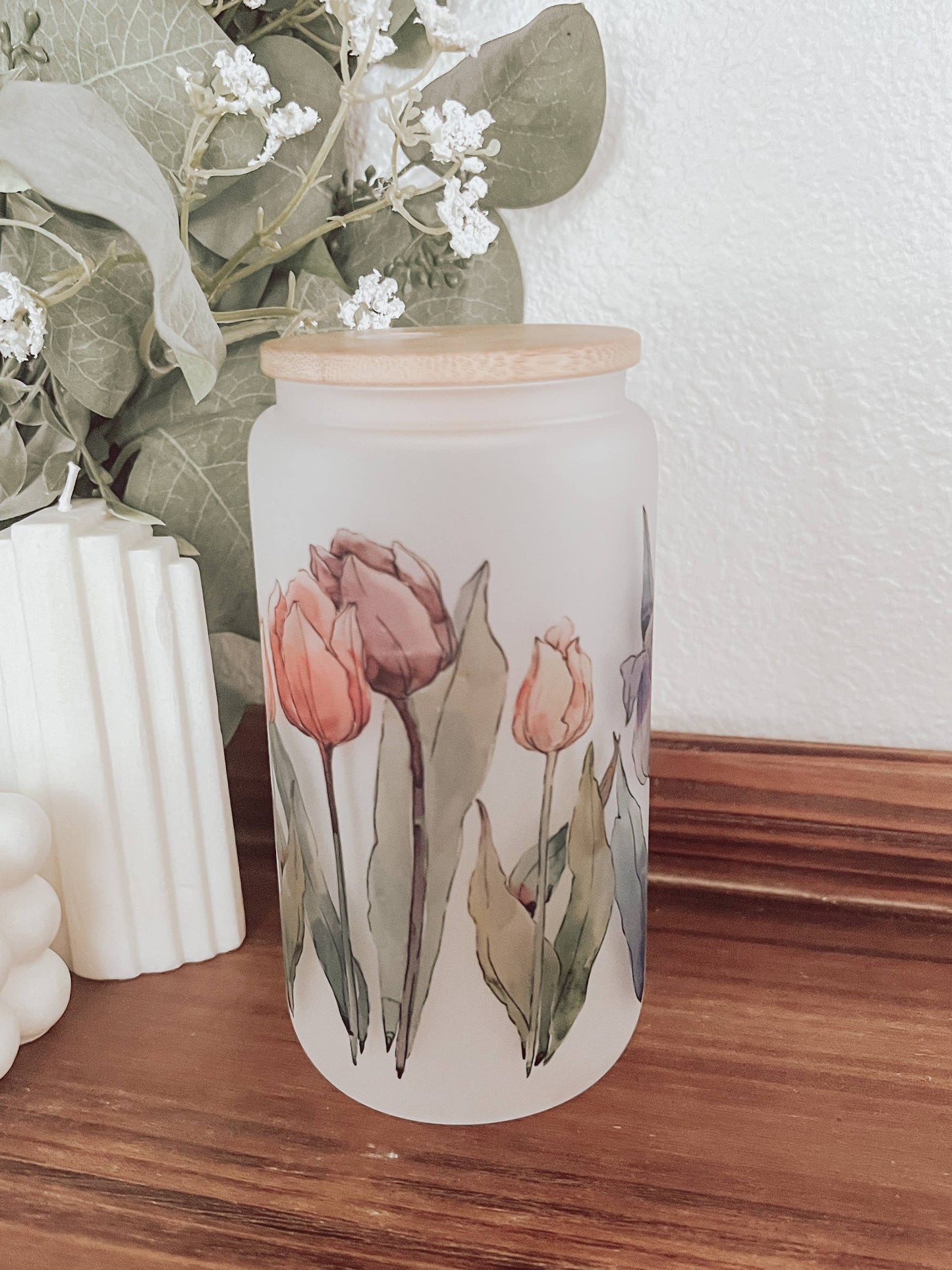 Watercolor Tulips Frosted 16oz Glass Cup with Bamboo Lid