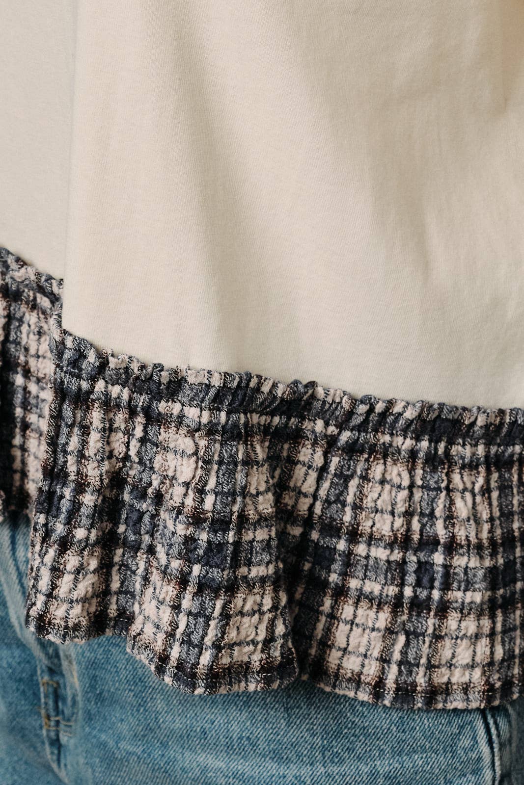 Crew Neck Short Sleeve Contrast Plaid Peplum Boxy Top
