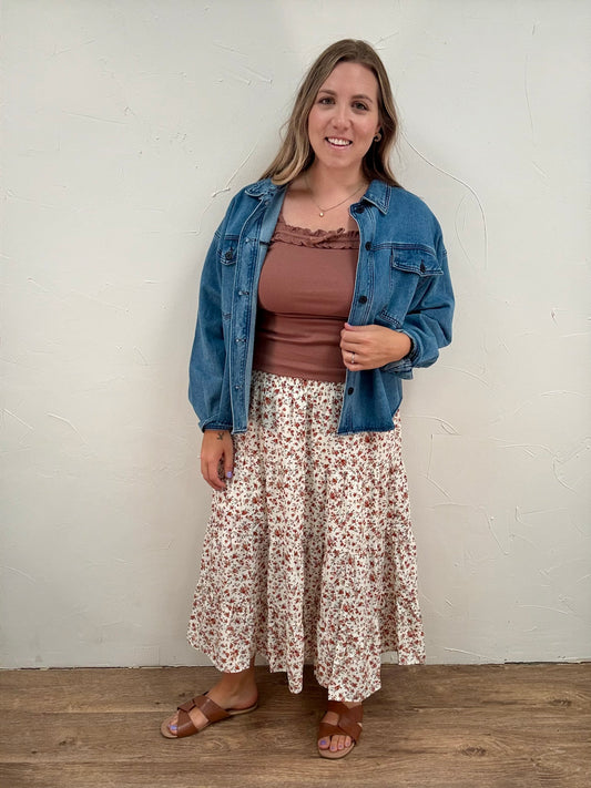 Floral Tiered Front Slit Midi Skirt