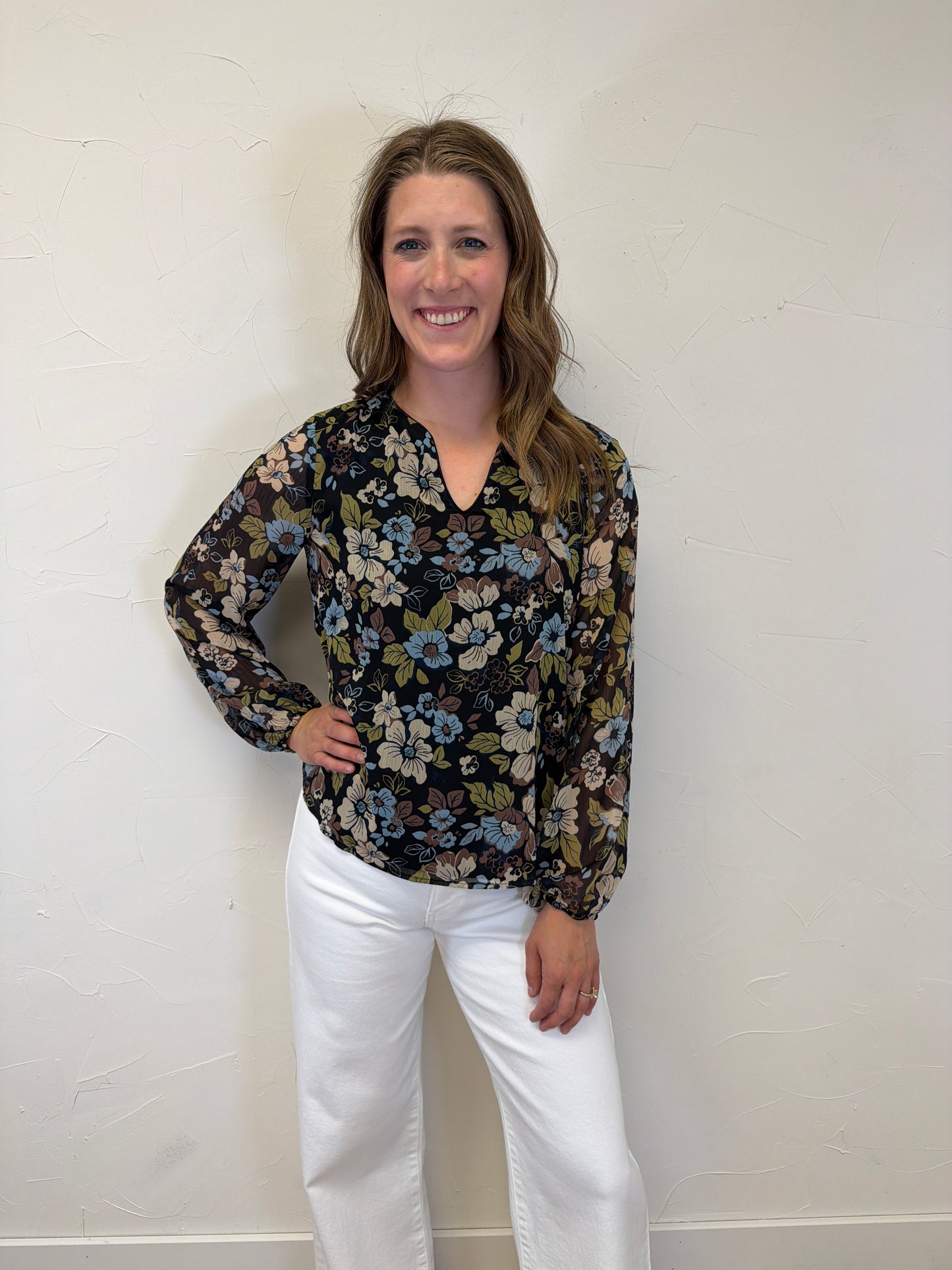 Notch Neck Long Sleeve Floral Top