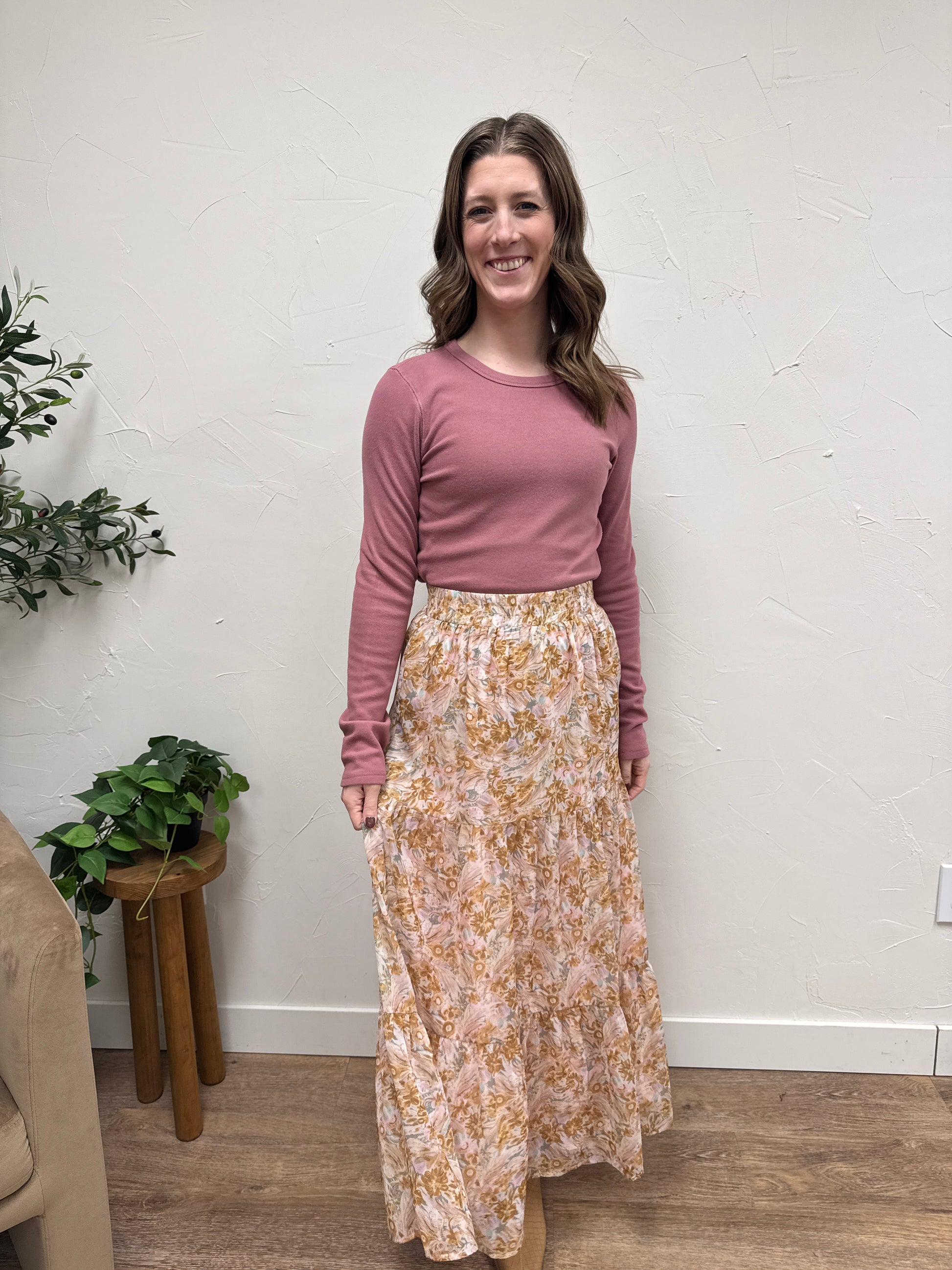 Lifestyle shot of model wearing boho skirt in outdoor/relaxed setting — Three:Twelve Boutique