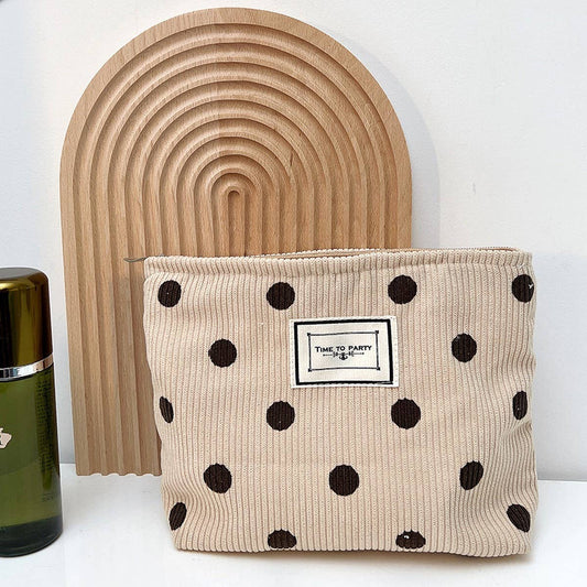 CORDUROY RETRO POLKA DOT MAKEUP BAG: KHAKI