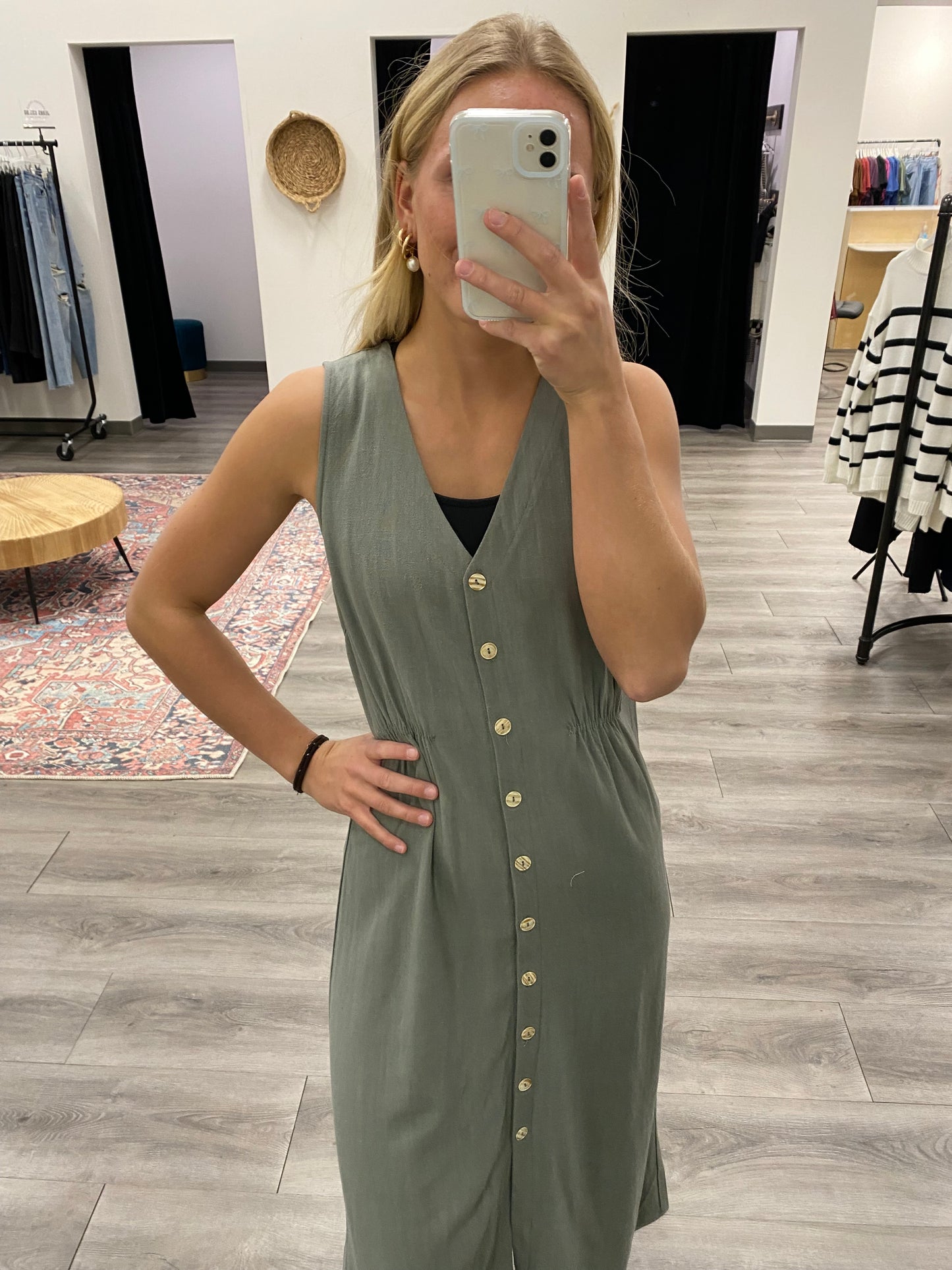 V Neck Button Down Sleeveless Dress