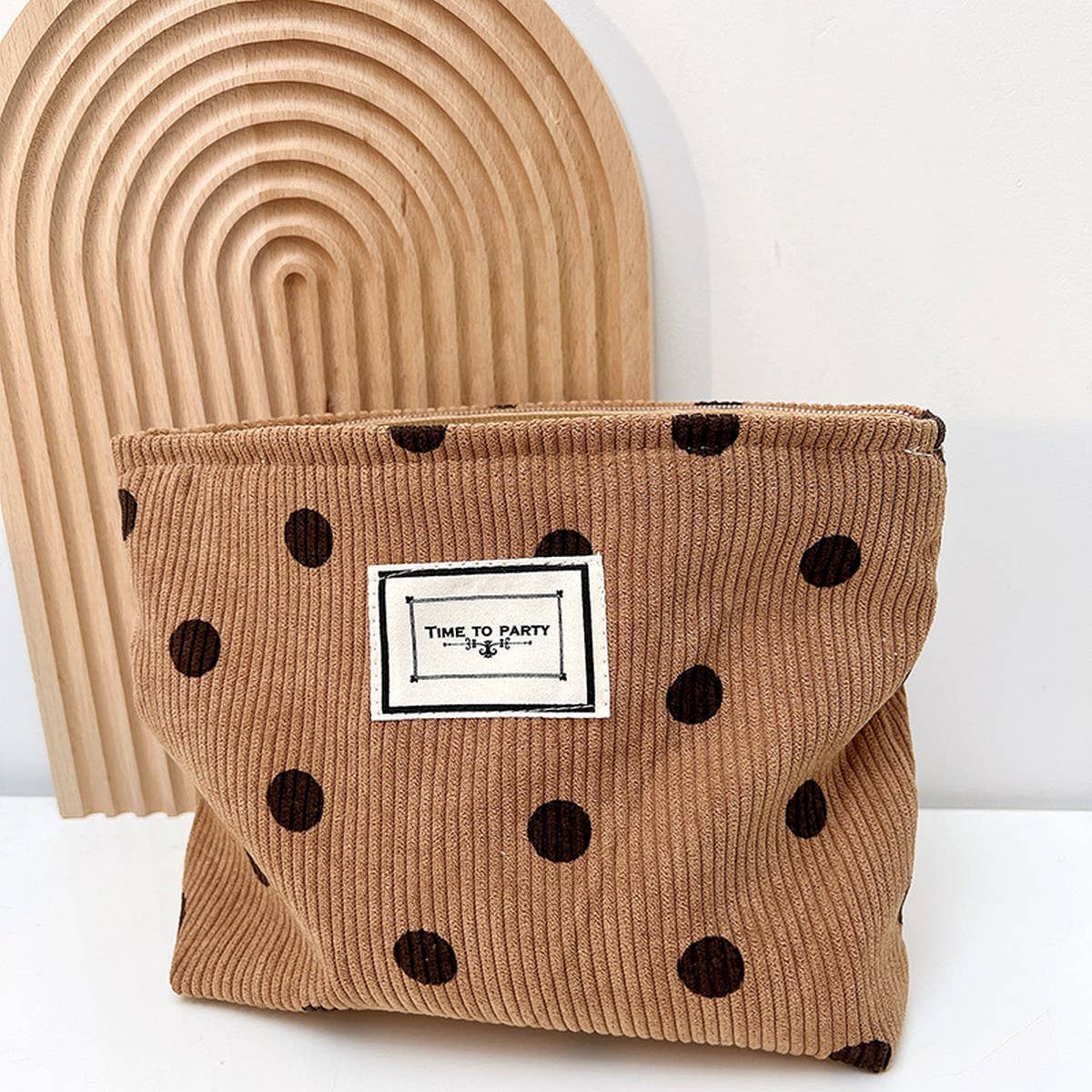 CORDUROY RETRO POLKA DOT MAKEUP BAG COFFEE