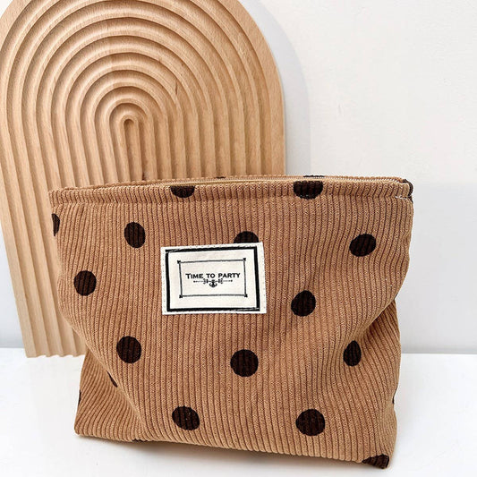 CORDUROY RETRO POLKA DOT MAKEUP BAG COFFEE