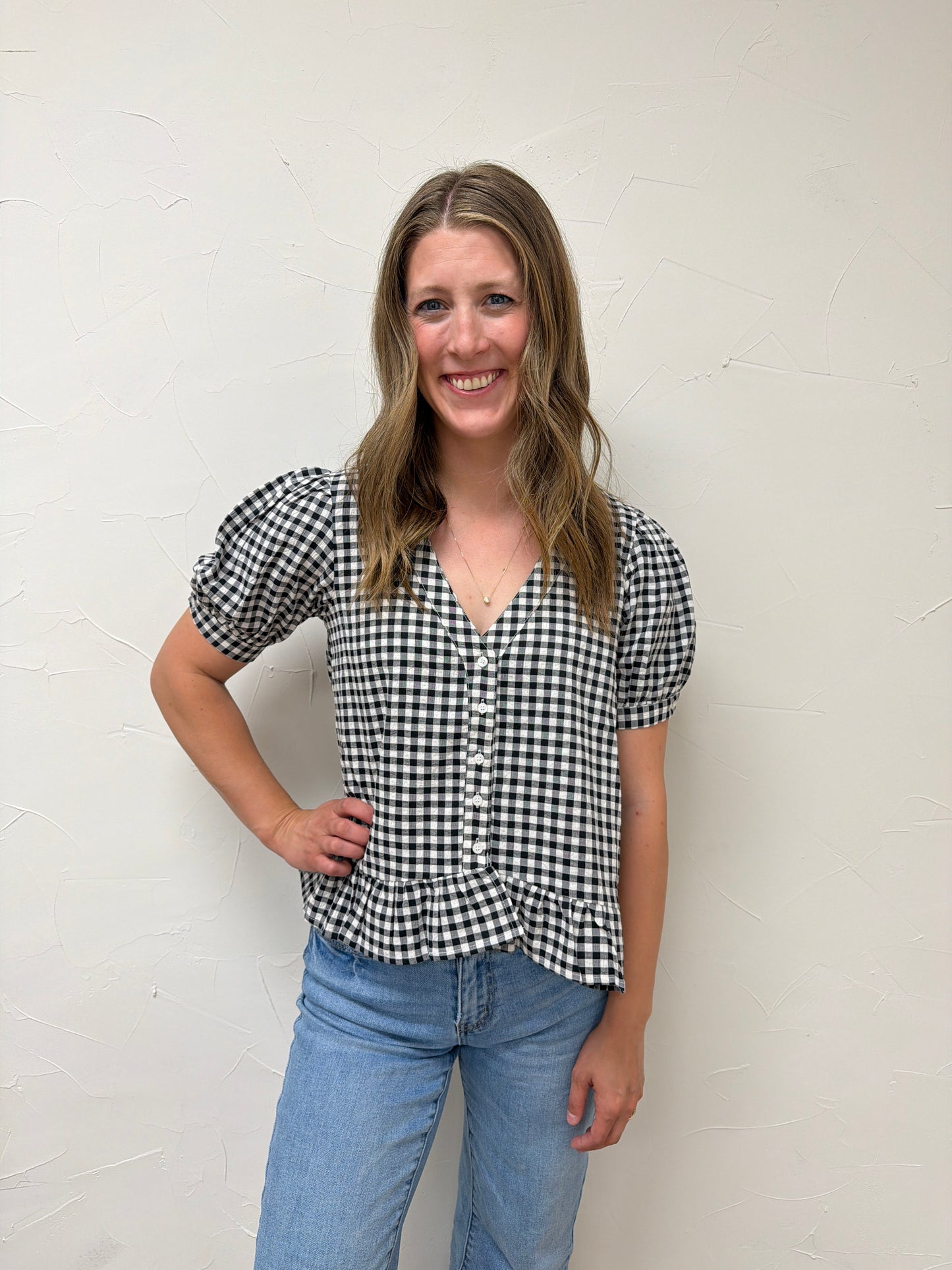 Puff Short Sleeve V Neck Gingham Blouse