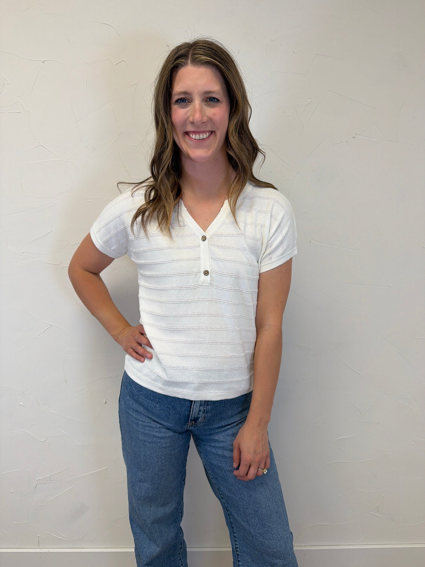 Pointelle Striped Half Button Neck Sweater