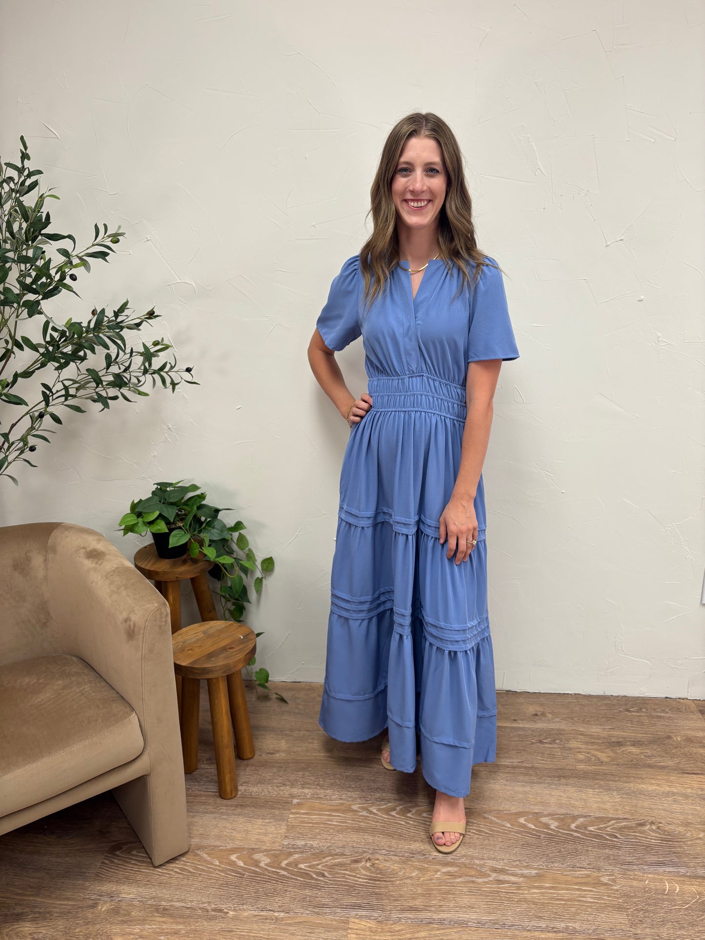 Half Sleeve Pintuck Maxi Dress