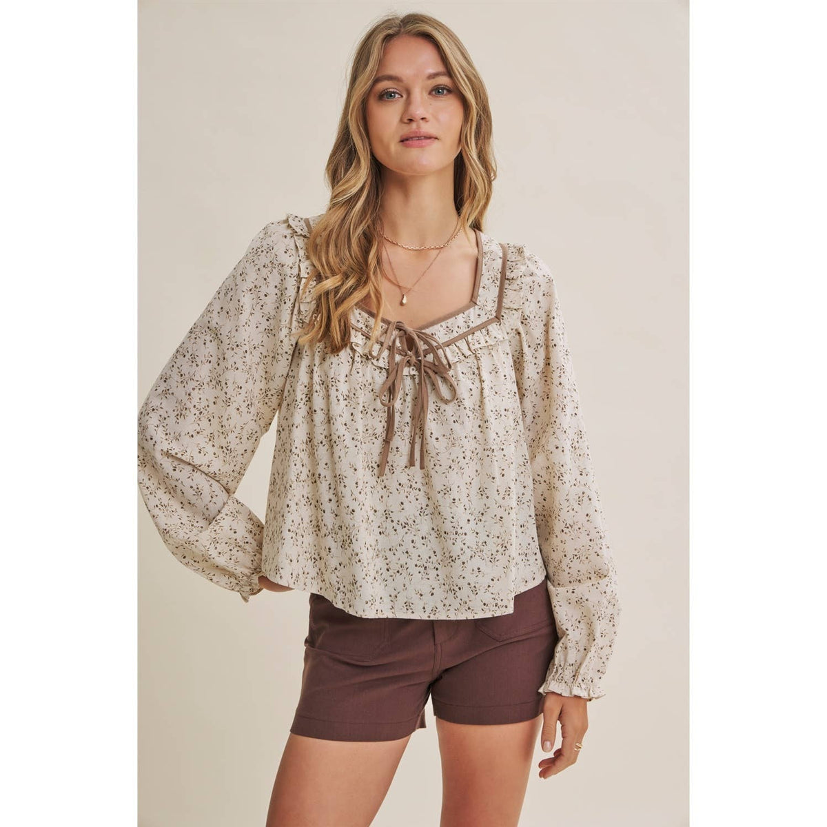 BOW TIE FRONT RUFFLED BLOUSE