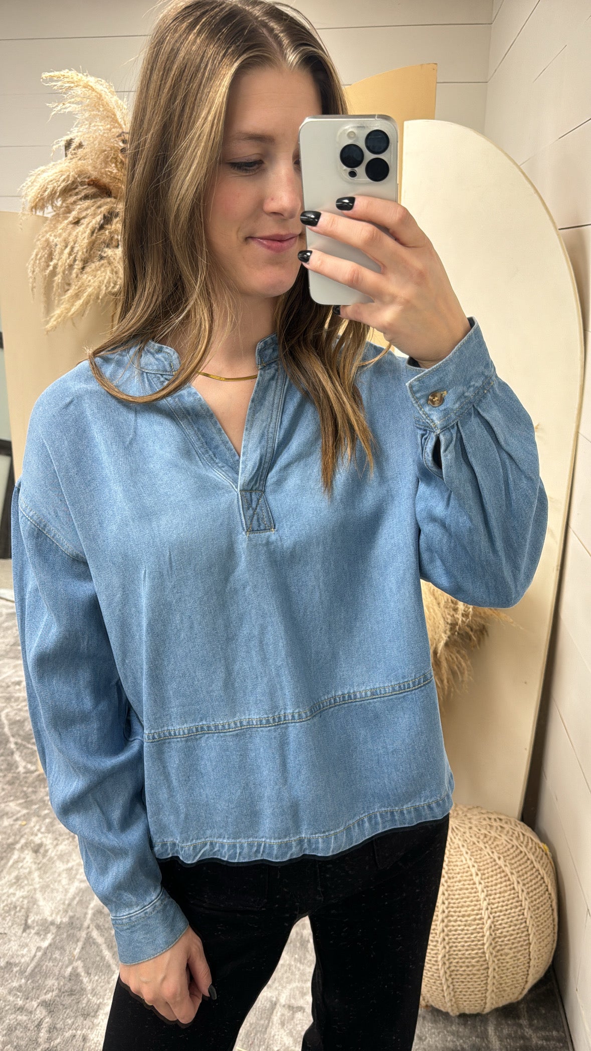 Denim Split Neck Side Slit Top