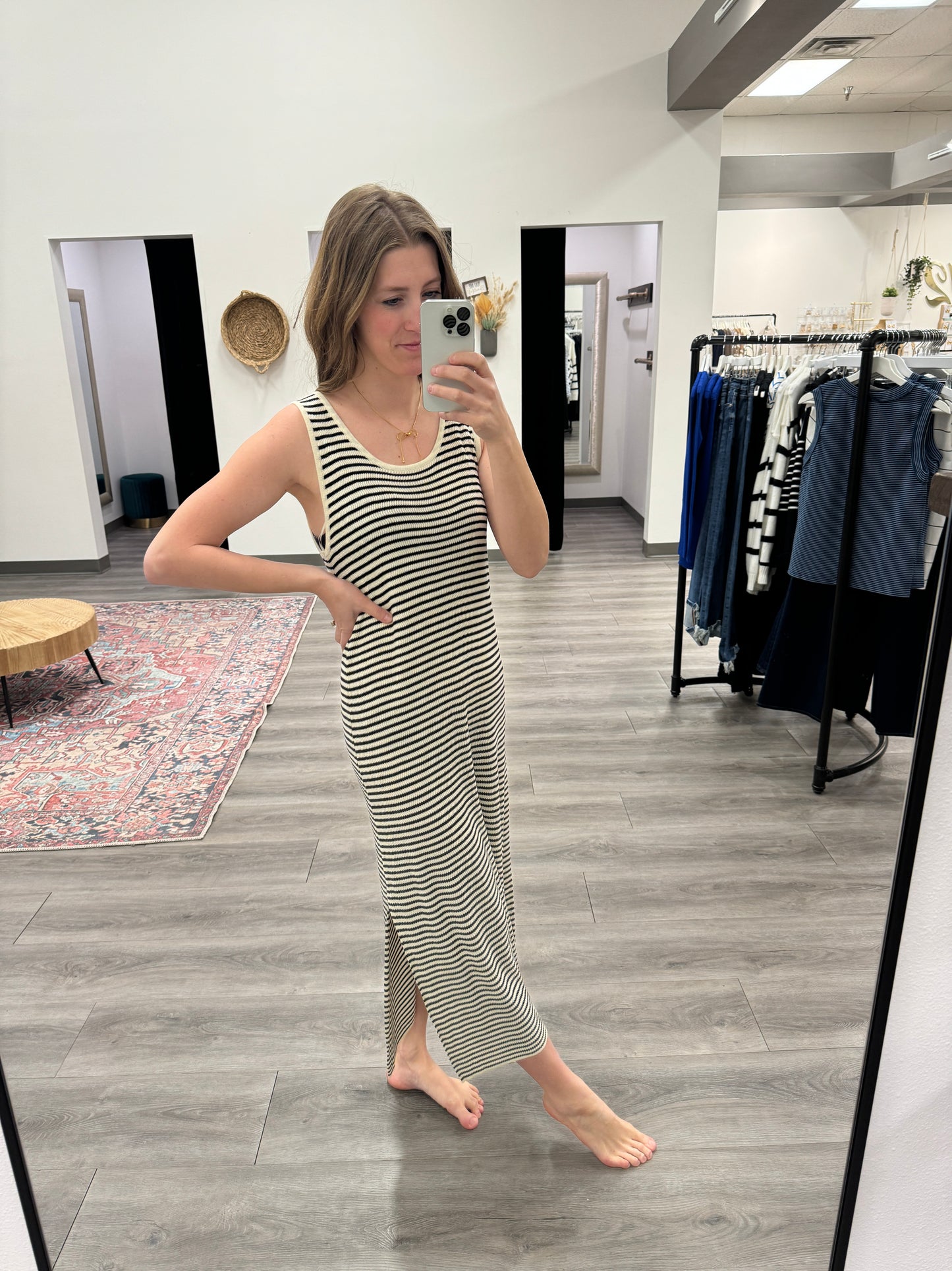 Knit Sweater Striped Scoop Neck Sleeveless Midi Dress