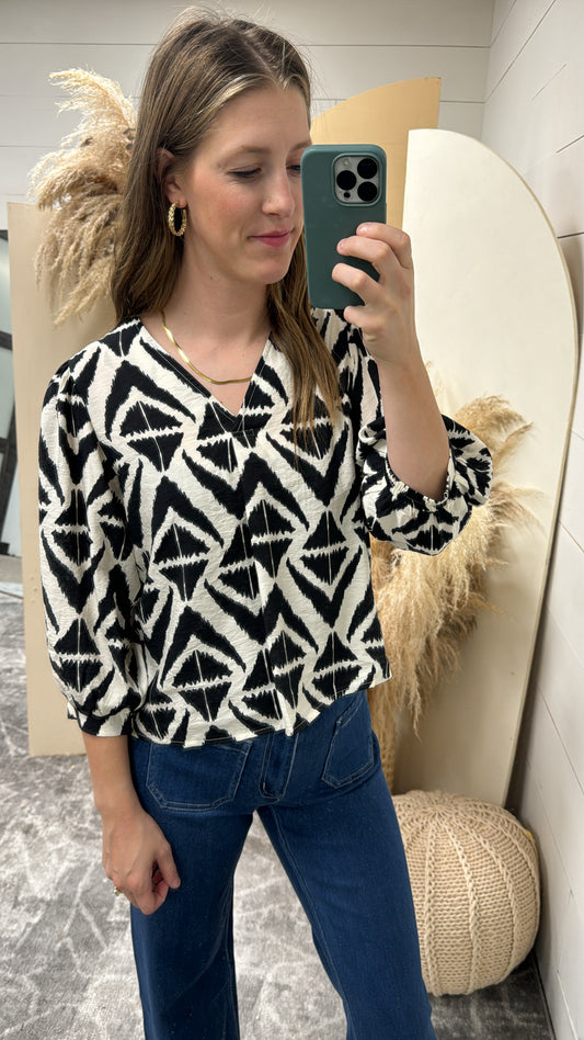 Bold Print V-Neck Blouse with Voluminous Sleeves