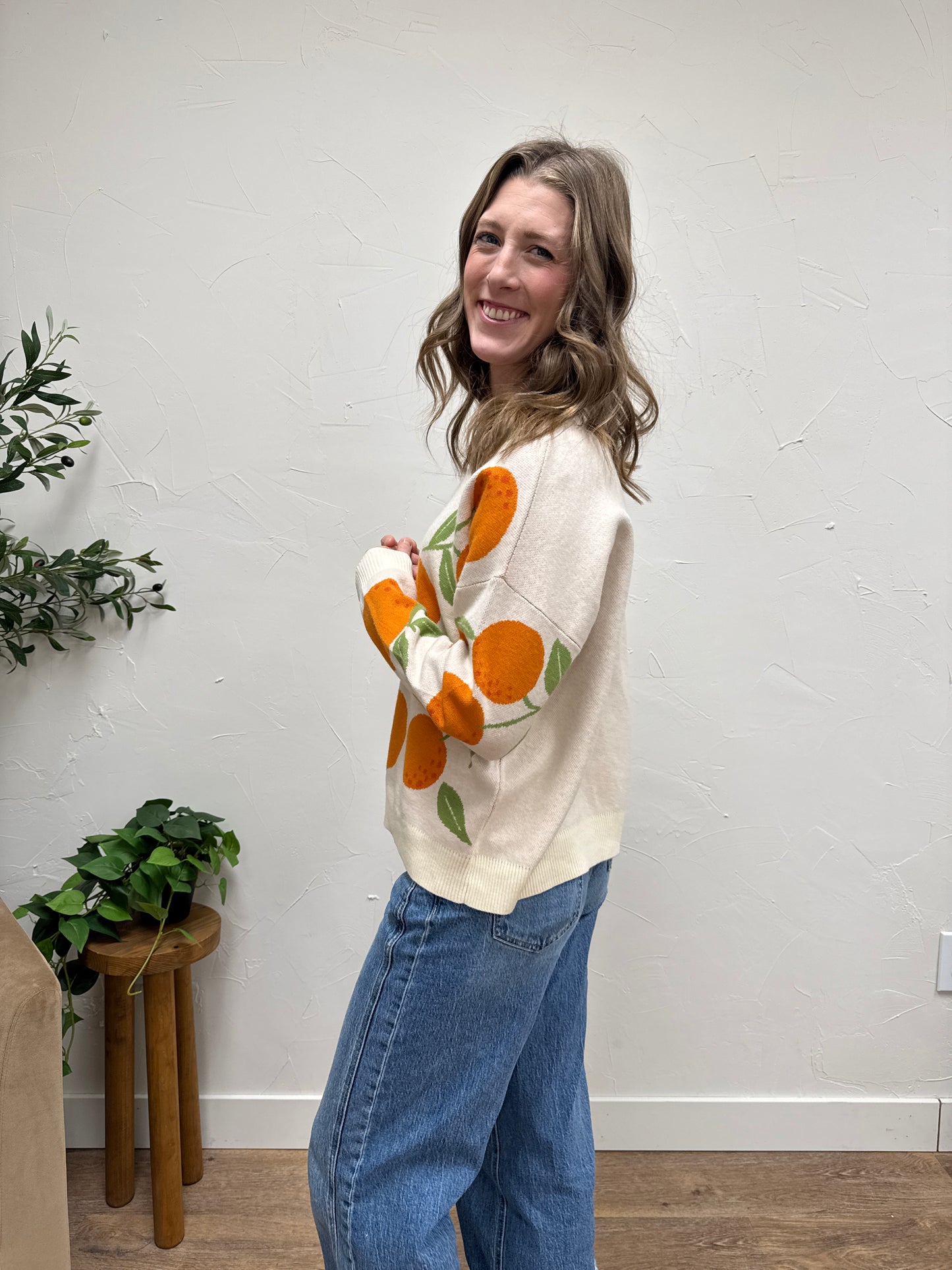 Orange Jacquard Pullover Sweater