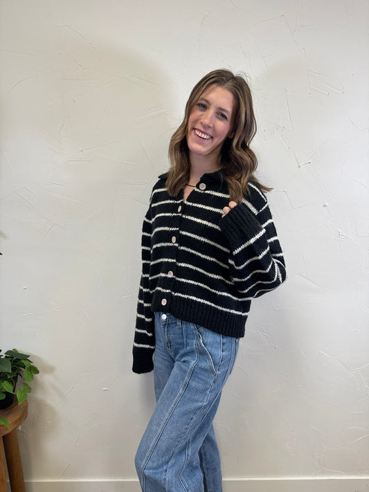 Collared Button Up Striped Cardigan