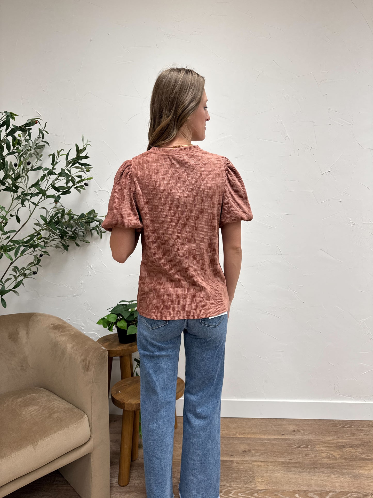 Textured Velvet Bubble Sleeve Top