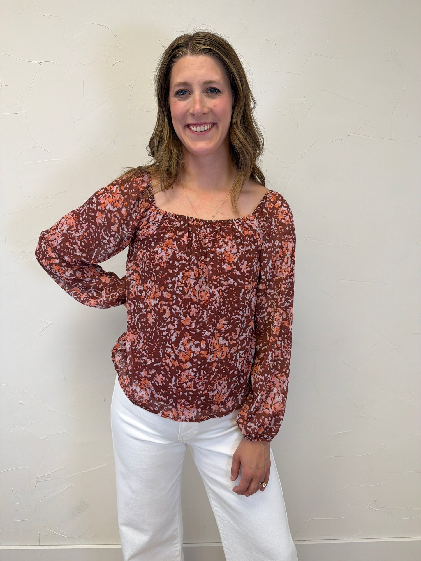 Long Sleeve Square Neck Floral Top