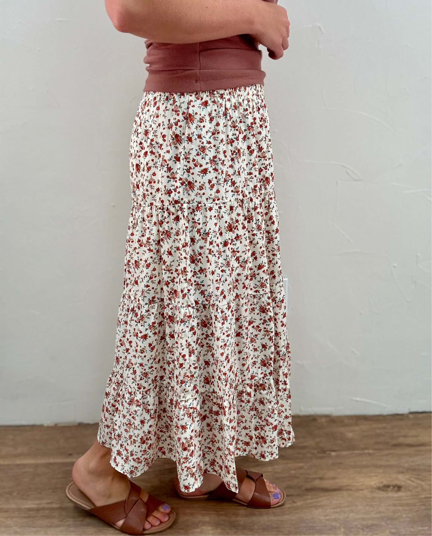 Floral Tiered Front Slit Midi Skirt