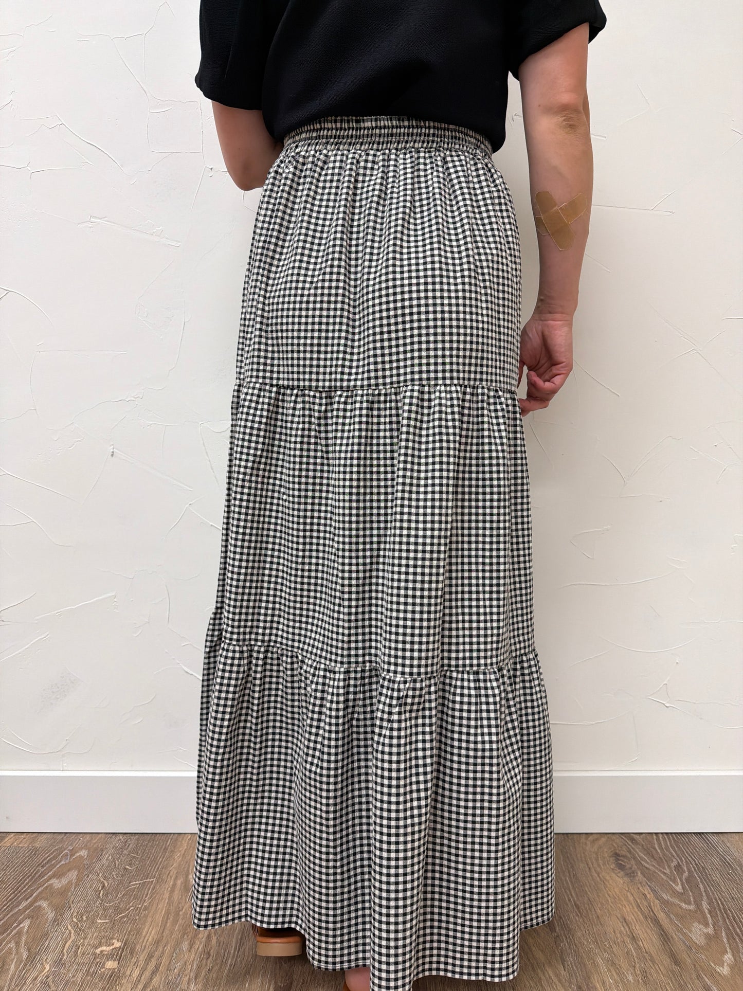 Plaid Tiered Ruffled Drawstring Maxi Skirt