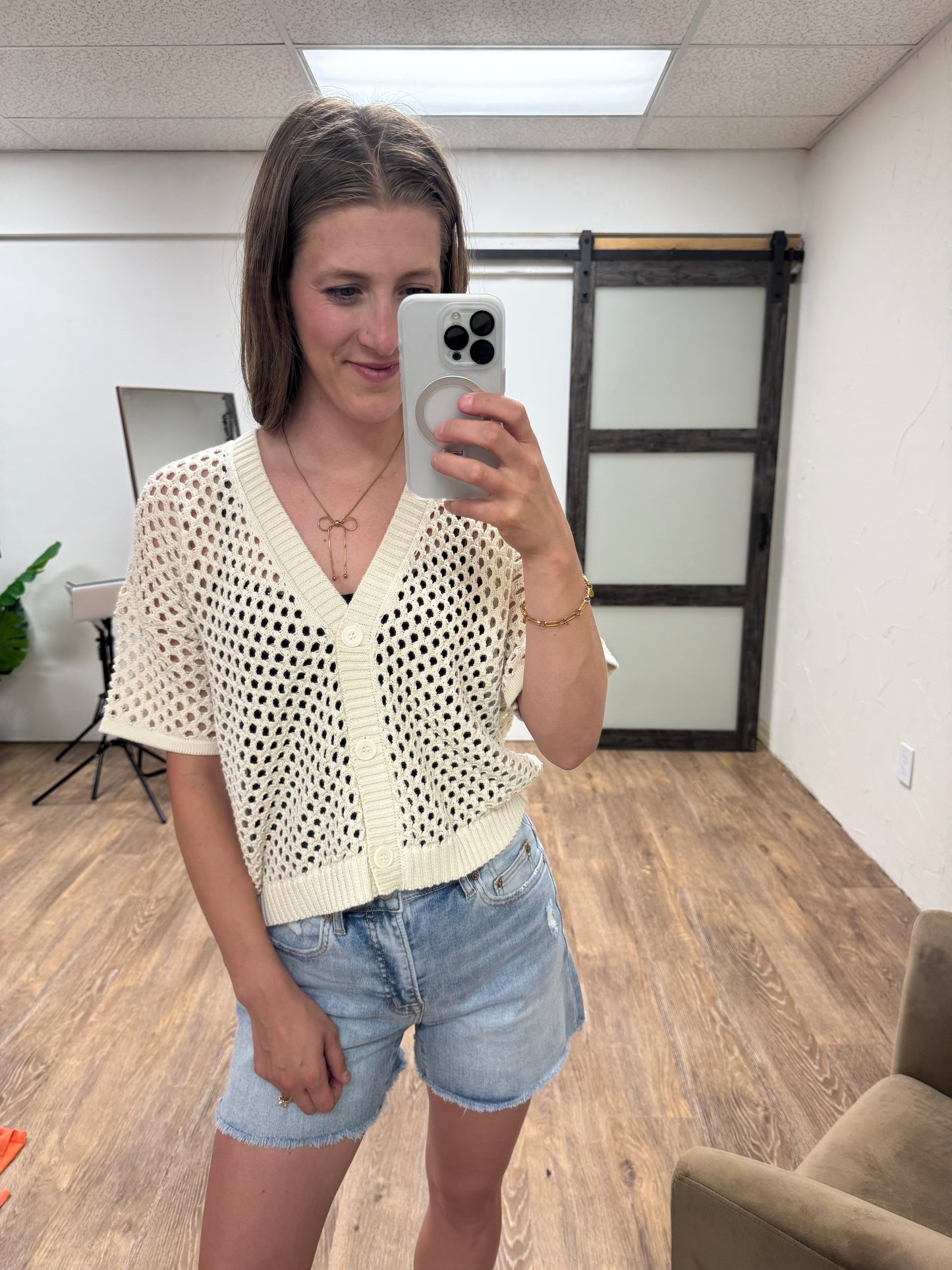 Open Crochet Button Cardigan