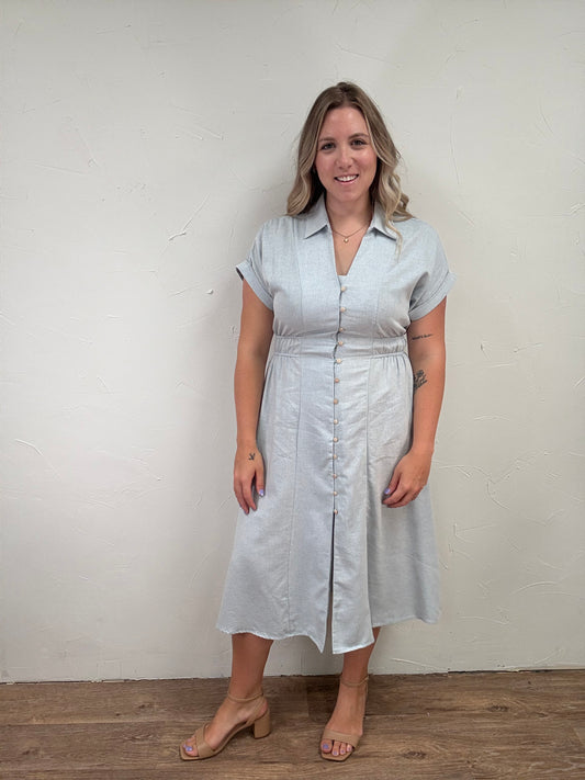 Button Down Half Sleeve Cotton Midi Dress
