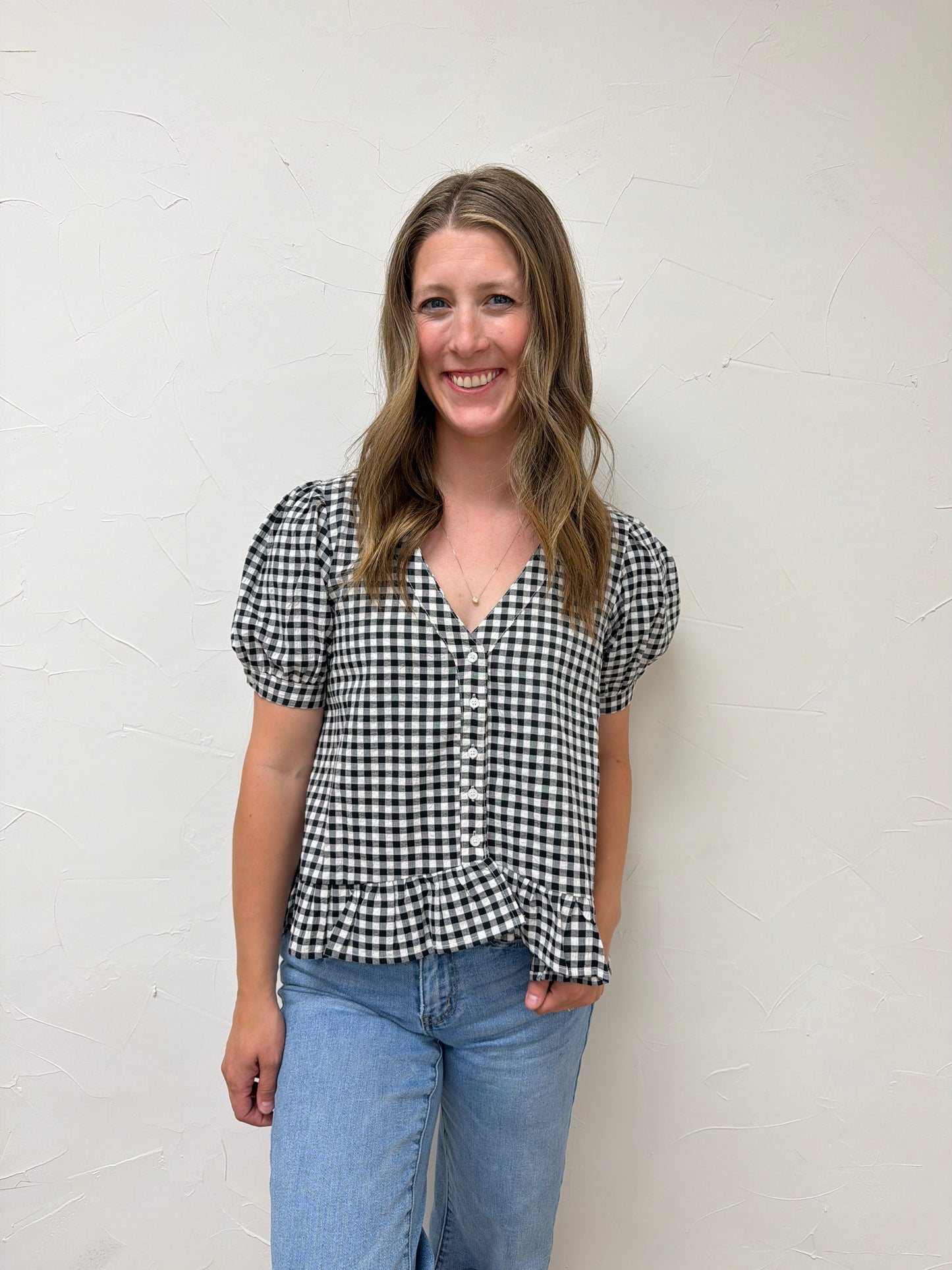 Puff Short Sleeve V Neck Gingham Blouse