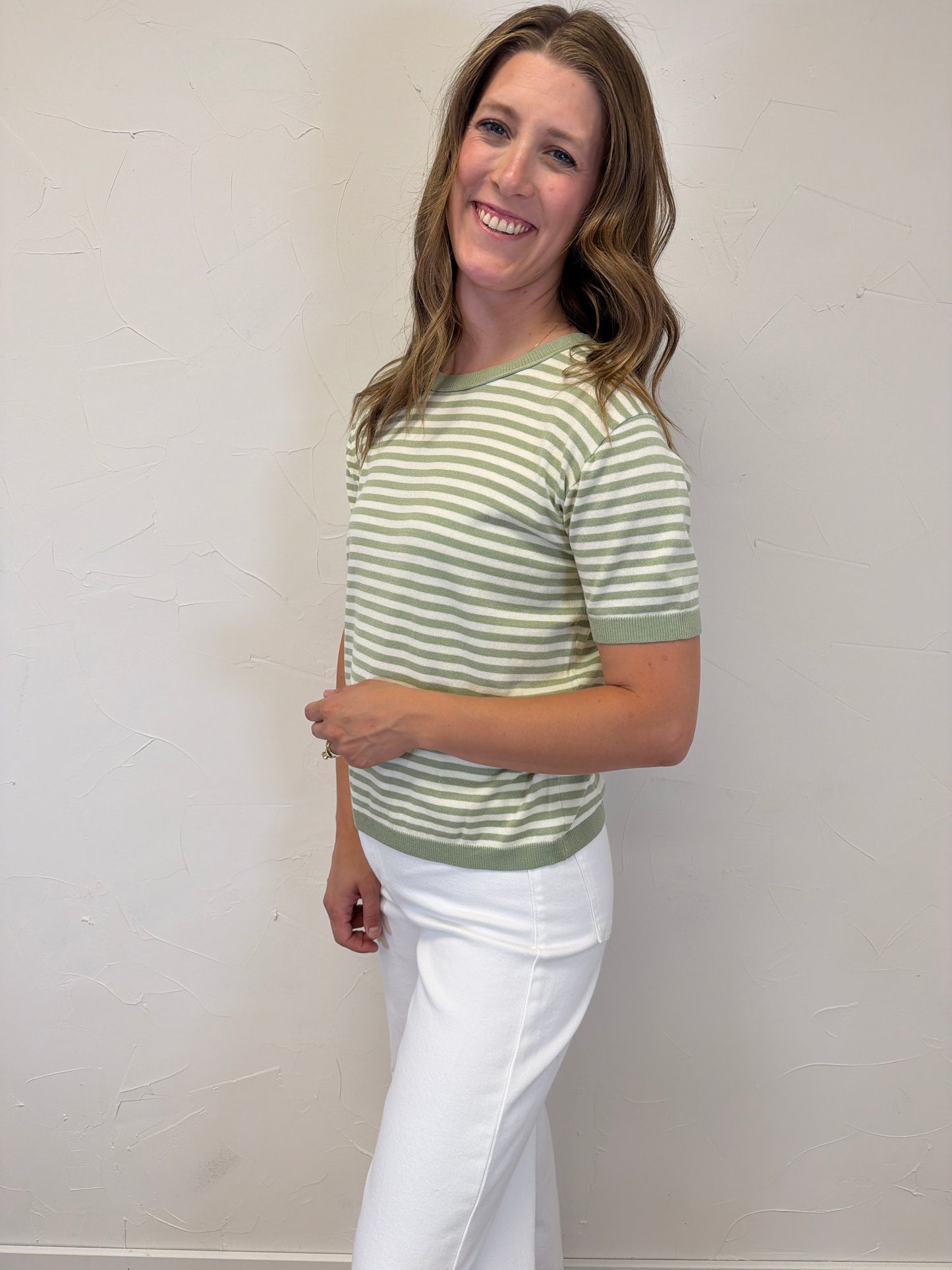 Crew Neck Half Sleeve Striped Sweater
