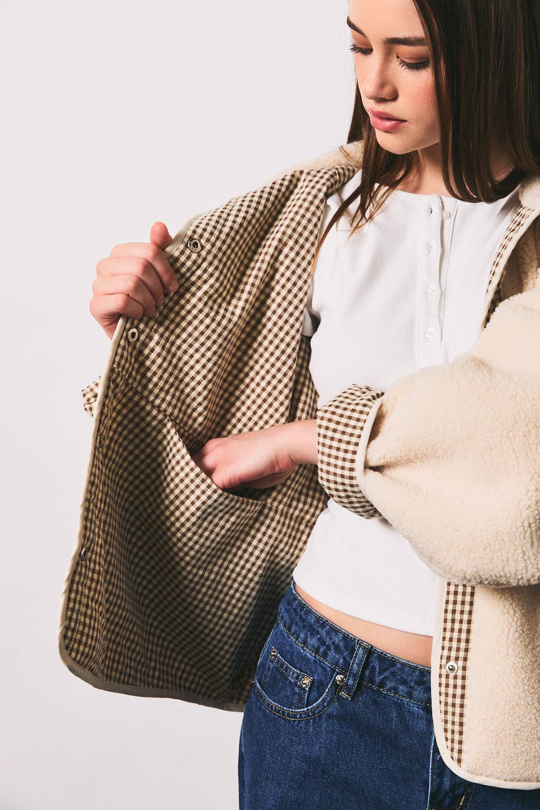 Gingham Contrast Reversible Sherpa Jacket