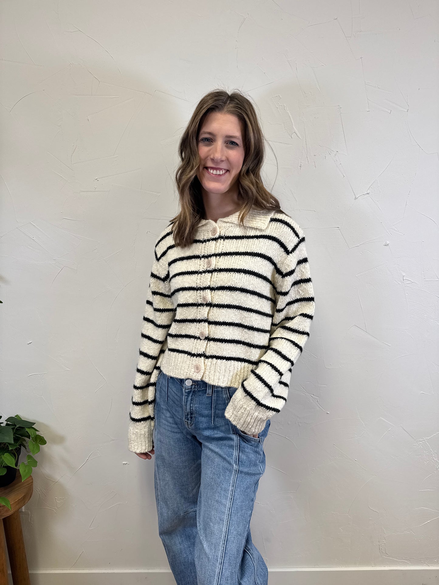 Collared Button Up Striped Cardigan