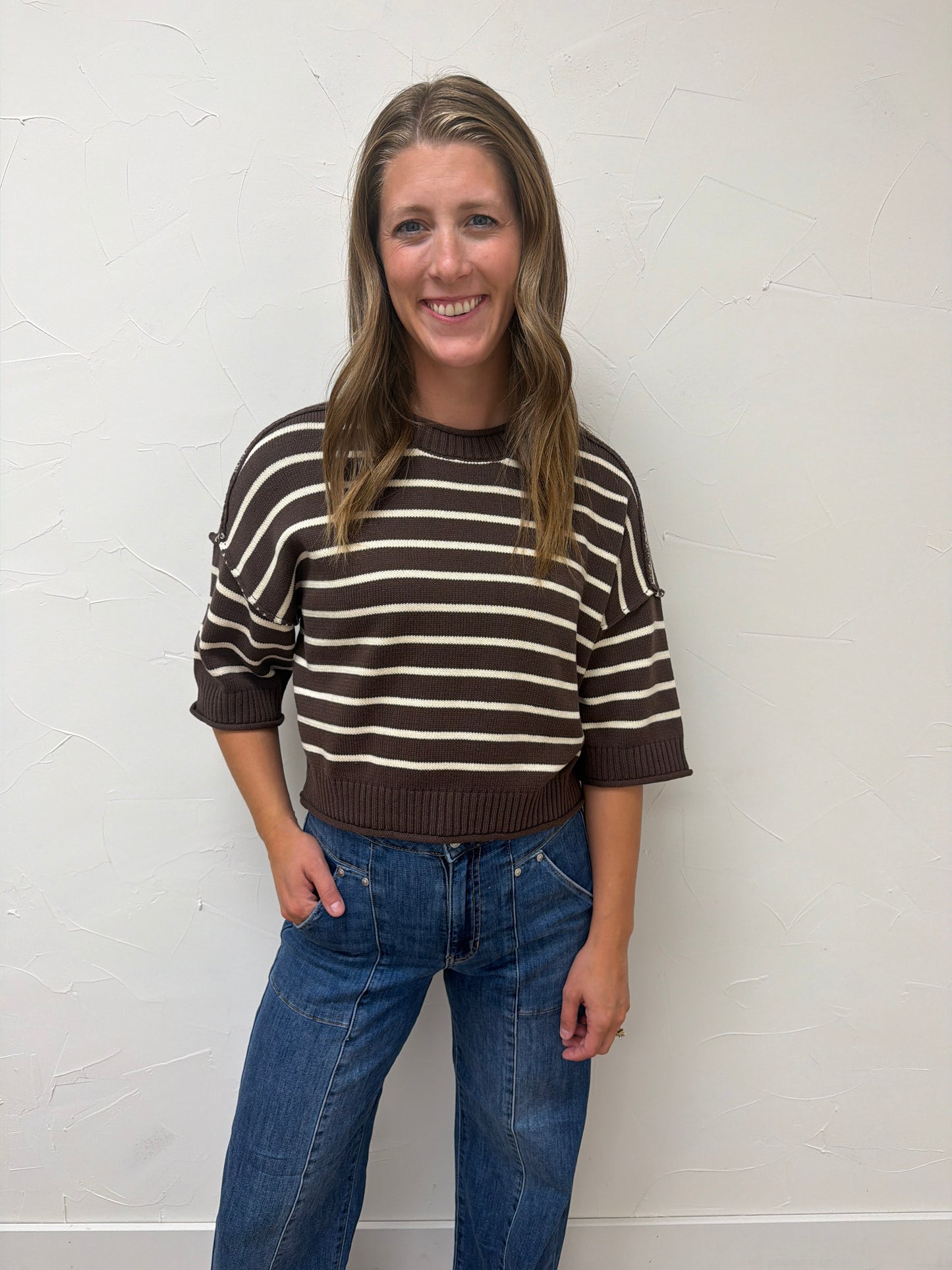 Exposed Seam Striped Round Neck Pullover