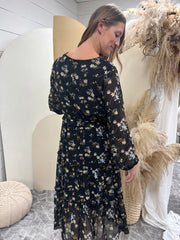 Print Chiffon Long Sheer Sleeve Midi Dress