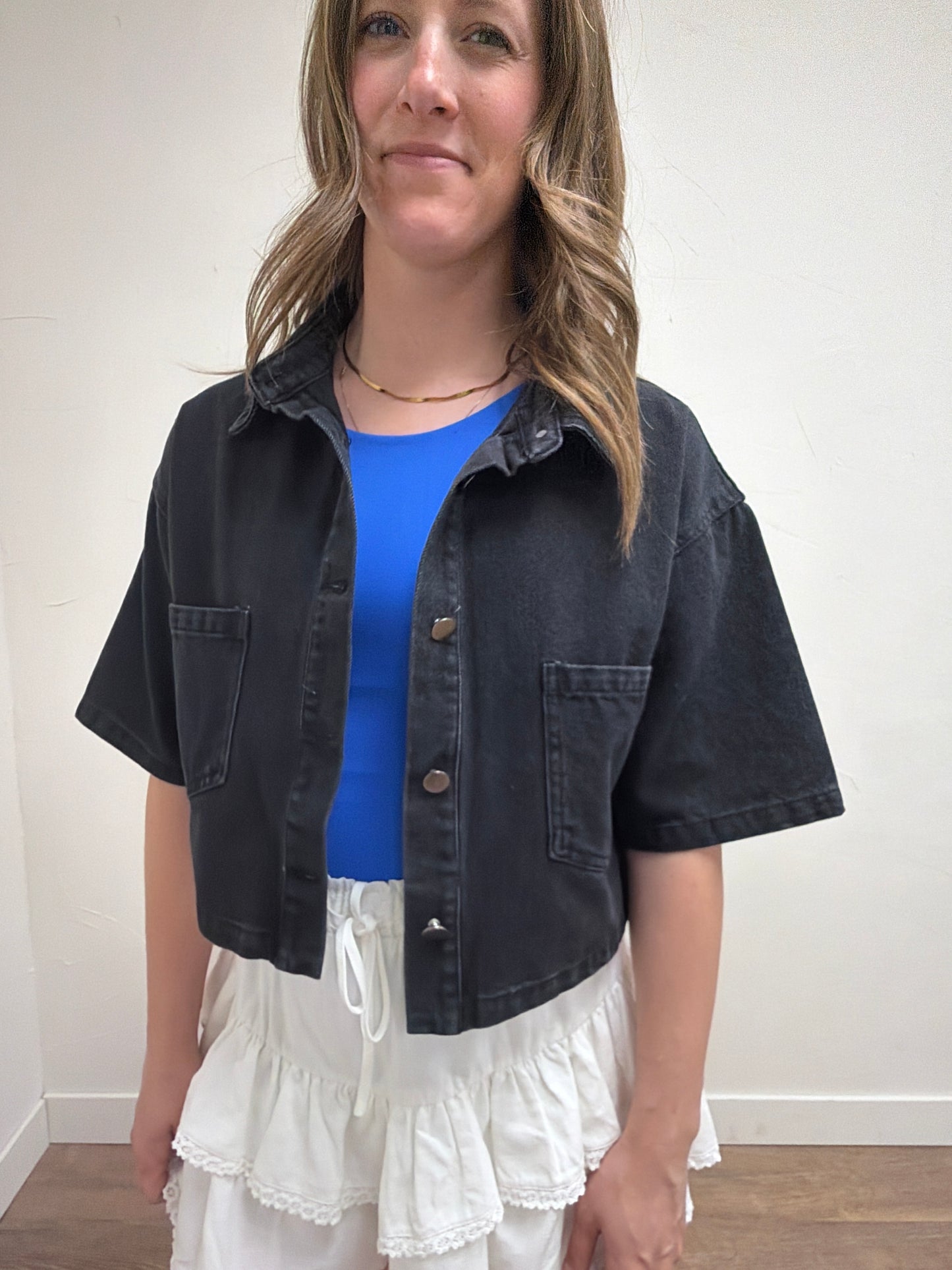 Cropped Denim Short Sleeve Jacket