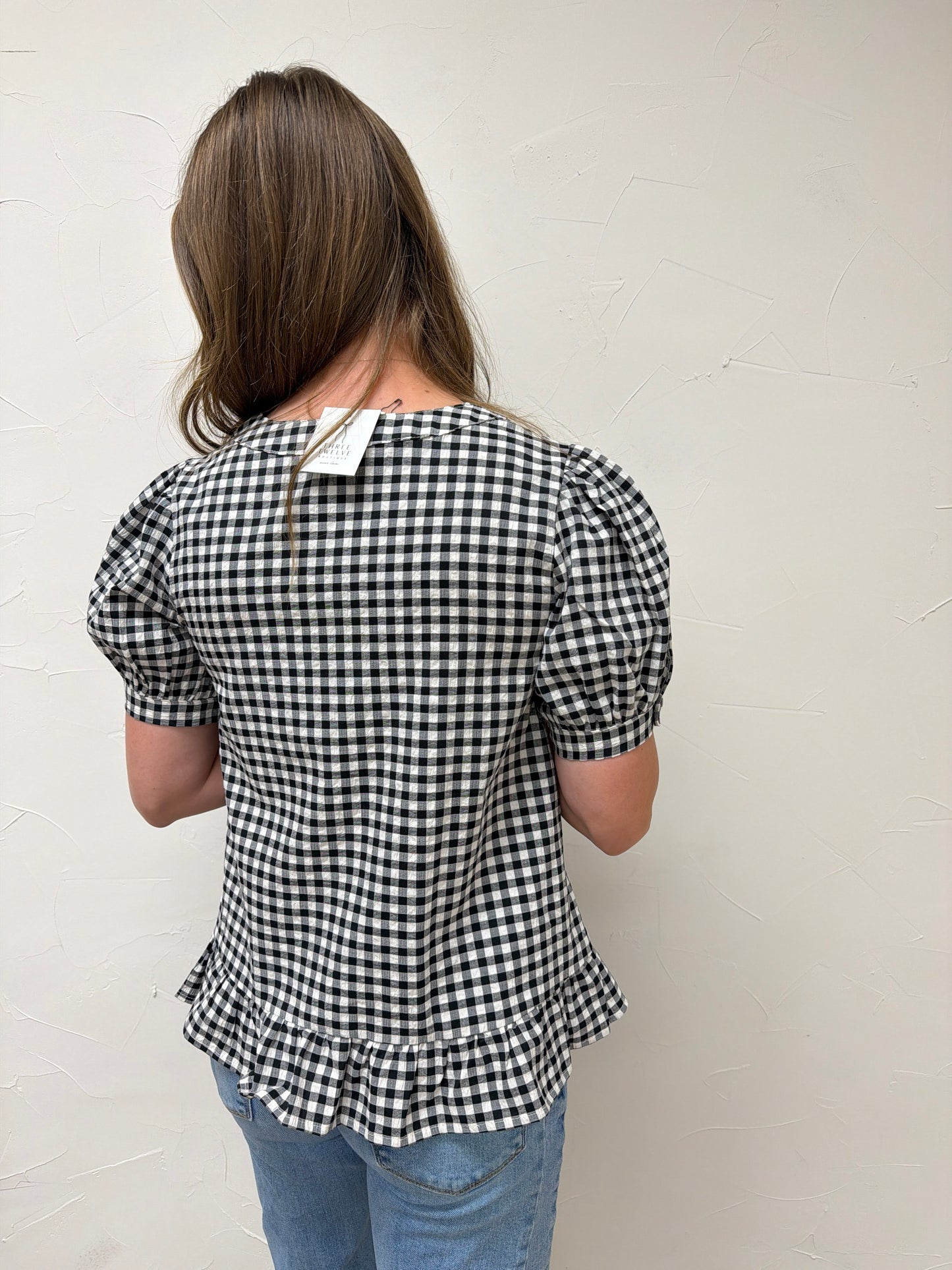 Puff Short Sleeve V Neck Gingham Blouse